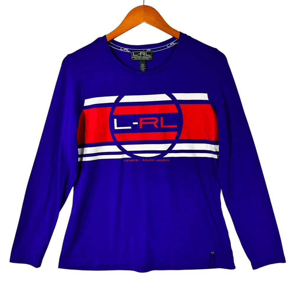Lauren Ralph Lauren Women's Long Sleeve Top Blue L RL Logo Graphic Casual Athlei